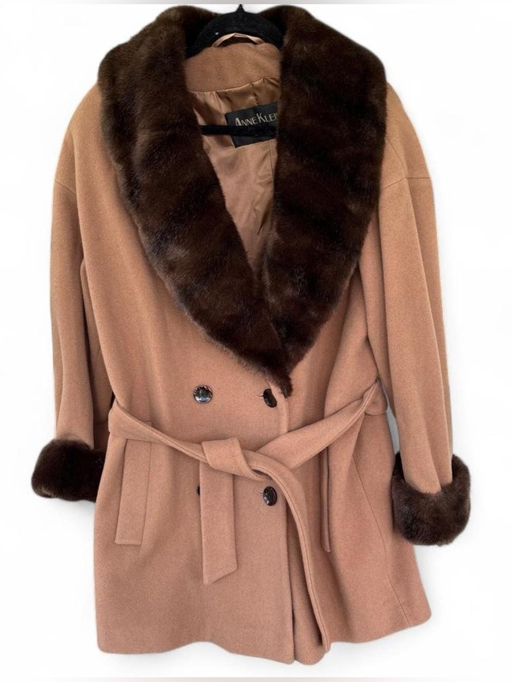 Vintage Anne Klein II Camel Wool Coat with Dark Brown Faux Fur Trim & Belt 10